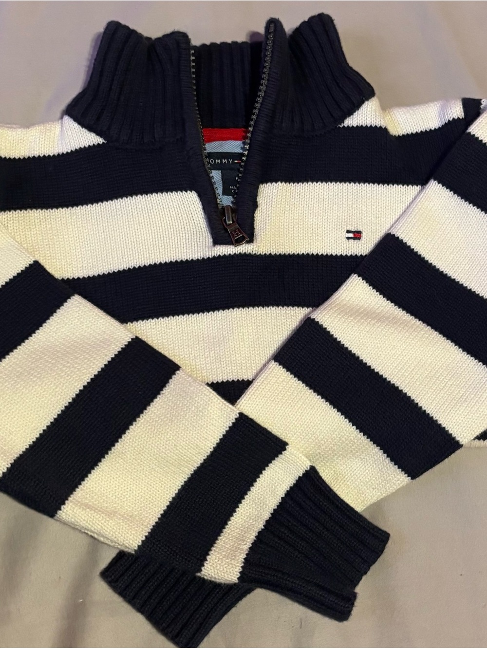 Tommy Hilfiger Navy and White Striped Zip Mock Sweater